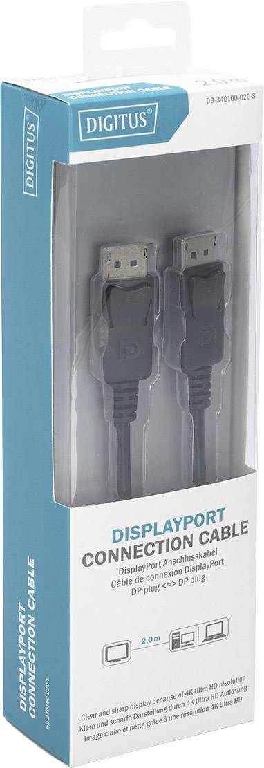 DisplayPort-Anschlusskabel in Verpackung, 2 Meter, schwarz, Marke Digitus. Geeignet für Bildschirme und Projektoren.