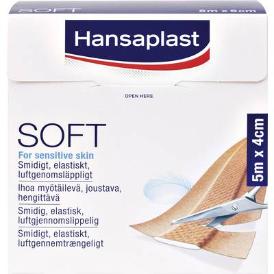 Verpackung eines elastischen, luftdurchlässigen Pflasters von Hansaplast, geeignet für empfindliche Haut. Größe: 5m x 4cm.