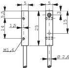Technische Zeichnung eines zylindrischen Bauteils mit Maßen: Höhe 25, Breite 5, Durchmesser 2,6. Schraubloch M1,6. Incl. Bohrpositionen.