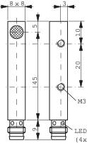 Technische Zeichnung eines schmalen Geräts mit Maßen, Schraubenlöchern und einem LED-Hinweis. Maße: 8x8, 3, 20, 5, 45, 9 mm. Schraube: M3.