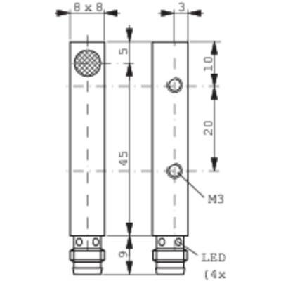Technische Zeichnung eines schmalen Geräts mit Maßen, Schraubenlöchern und einem LED-Hinweis. Maße: 8x8, 3, 20, 5, 45, 9 mm. Schraube: M3.