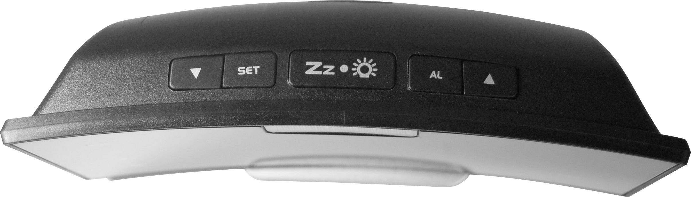 Fünf Tasten auf der Oberseite eines elektronischen Geräts: 'SET', 'Zz', 'Helligkeit', zwei unlabeled Tasten. Tasten für Einstellungen.