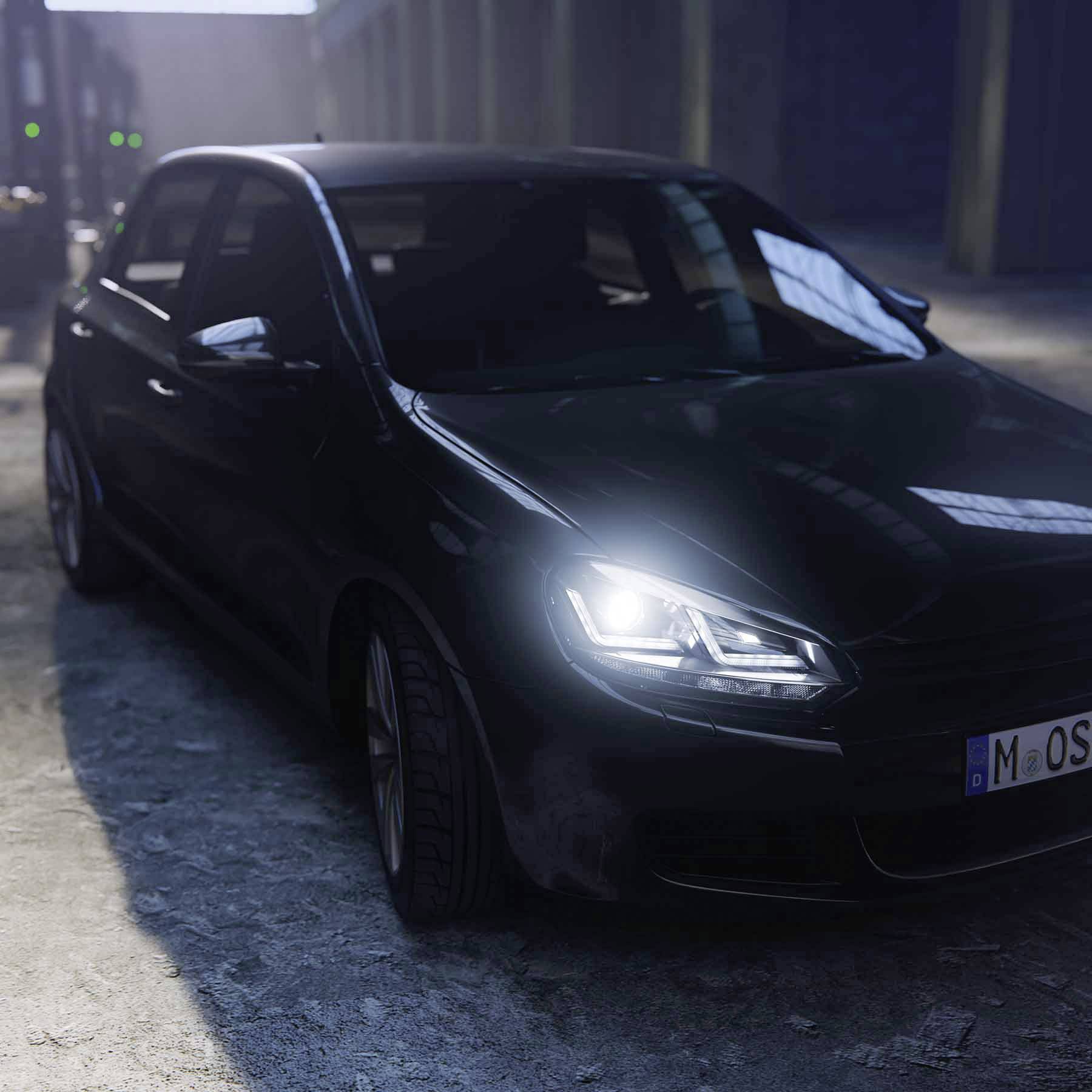 Ein schwarzes Auto steht mit eingeschaltetem Licht in einem schattigen Parkhaus. Der Hintergrund ist dunkel und industriell.
