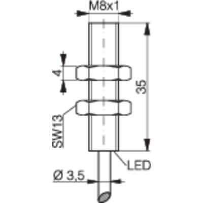 Technische Zeichnung eines zylindrischen Objekts. Markierungen und Maße: M8x1, SW13, Länge 35 Millimeter, Durchmesser 3,5 Millimeter. Oben 'LED'.