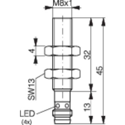 Technische Zeichnung eines zylindrischen Steckverbinders mit M8-Gewinde. Abmessungen: Gesamtlänge 45 mm, Abschnittslängen 13 mm, 32 mm und 4 mm, Schraubenschlüsselgröße SW13.
