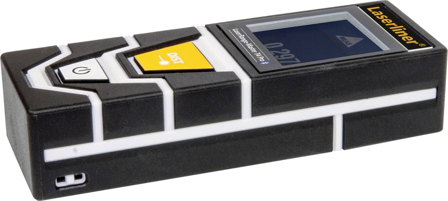 Ein Laser-Entfernungsmesser mit einem digitalen Display und Tasten zur Bedienung. Das Gerät ist schwarz mit weißen Details.
