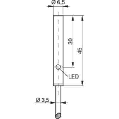 Schaltplan eines zylindrischen Elements mit Ø 6,5 mm, Länge 45 mm. Markierung 'LED' zeigt Position. Ein Kabel ist unten befestigt.