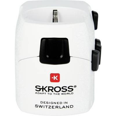 Weißer Steckdosenadapter mit schwarzem und rotem Logo 'SKROSS'. Aufschrift: 'ADAPT TO THE WORLD', 'DESIGNED IN SWITZERLAND'.