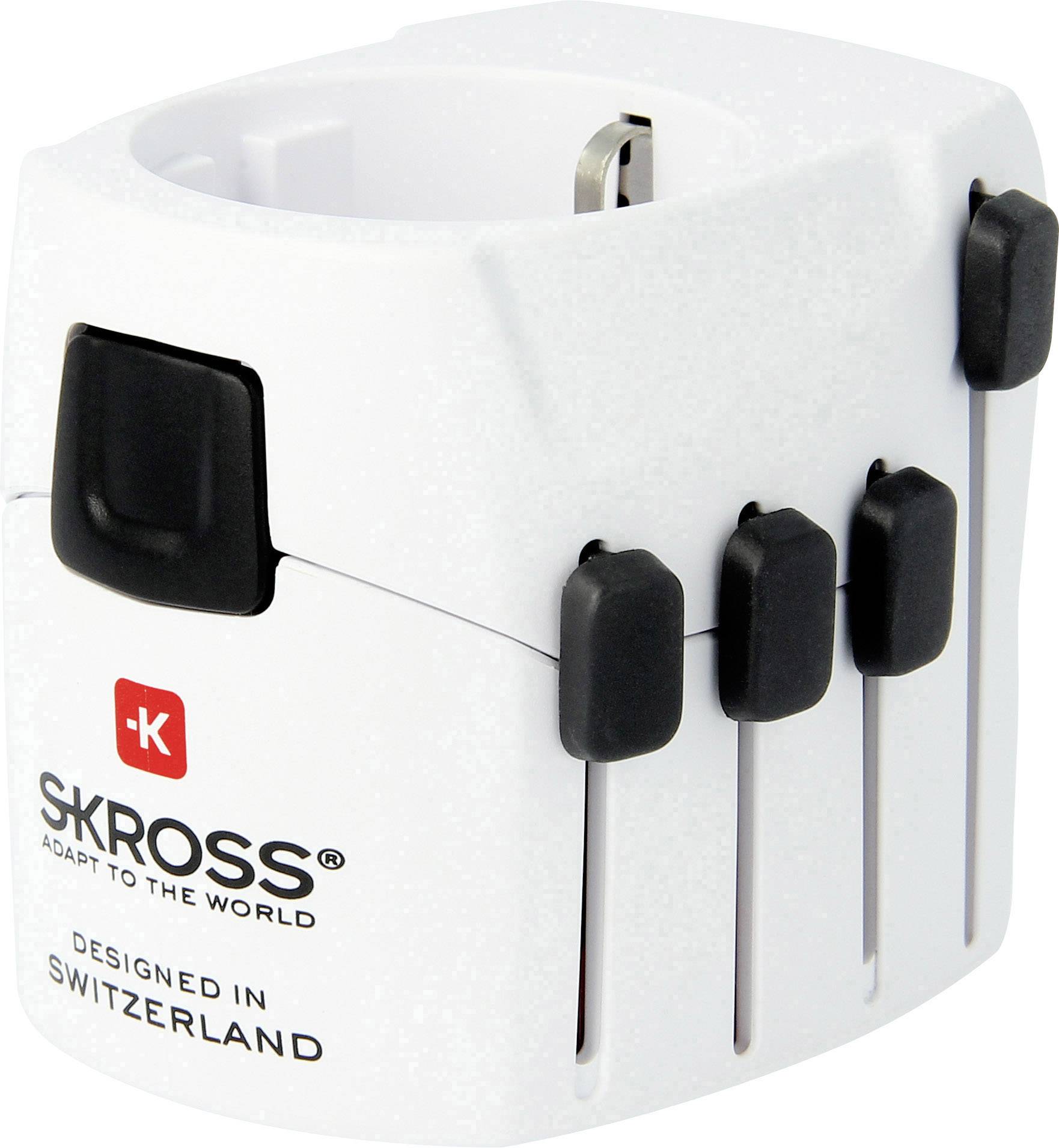 Reiseadapter von SKROSS, weiße Farbe, mit mehreren Schiebereglern und Steckdosen, entworfen in der Schweiz.