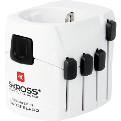 Reiseadapter von SKROSS, weiße Farbe, mit mehreren Schiebereglern und Steckdosen, entworfen in der Schweiz.