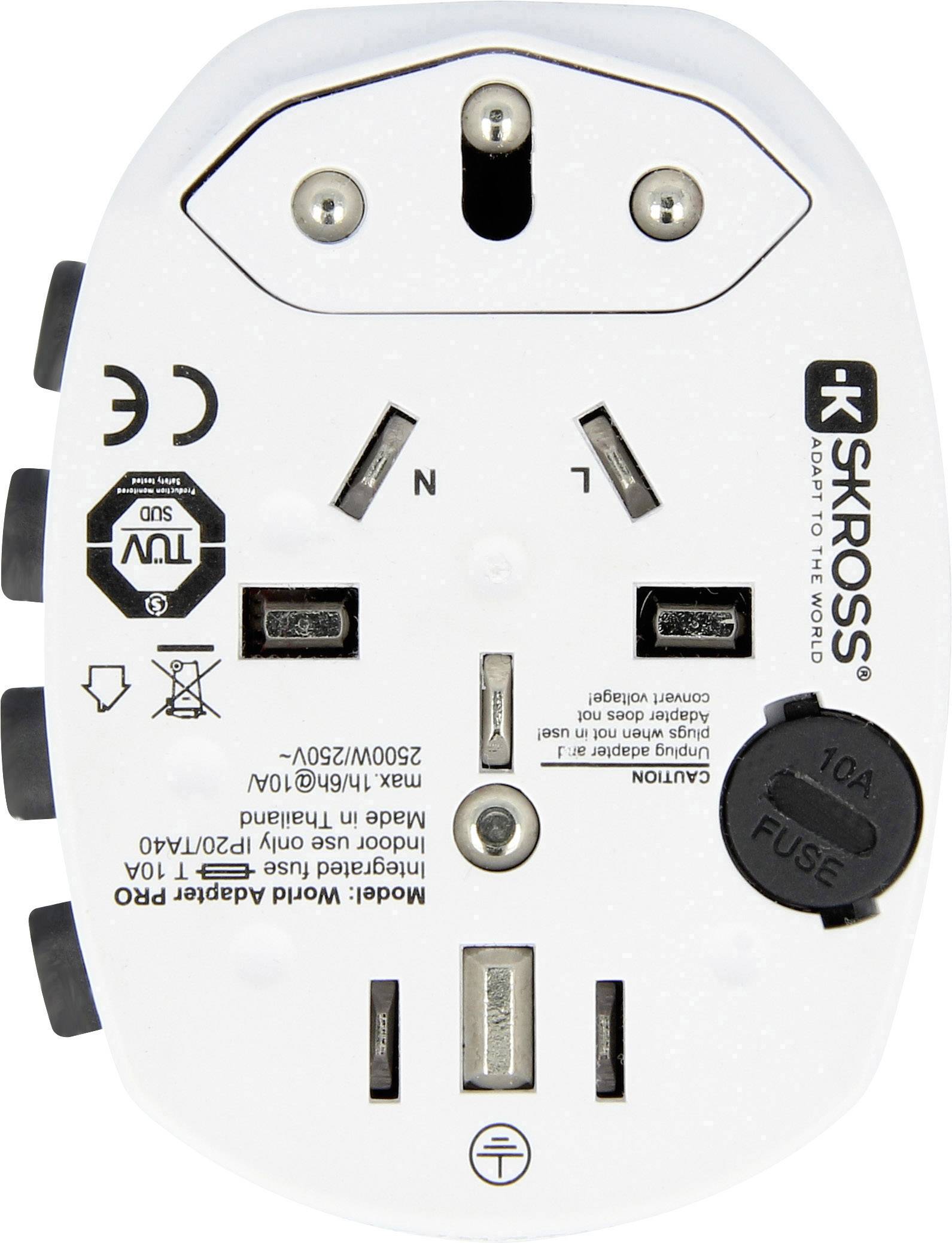 Rückansicht eines Universal-Reiseadapters mit mehreren Steckdosentypen und technischen Spezifikationen in schwarzer Schrift auf weißem Gehäuse.