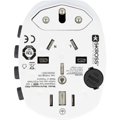 Rückansicht eines Universal-Reiseadapters mit mehreren Steckdosentypen und technischen Spezifikationen in schwarzer Schrift auf weißem Gehäuse.