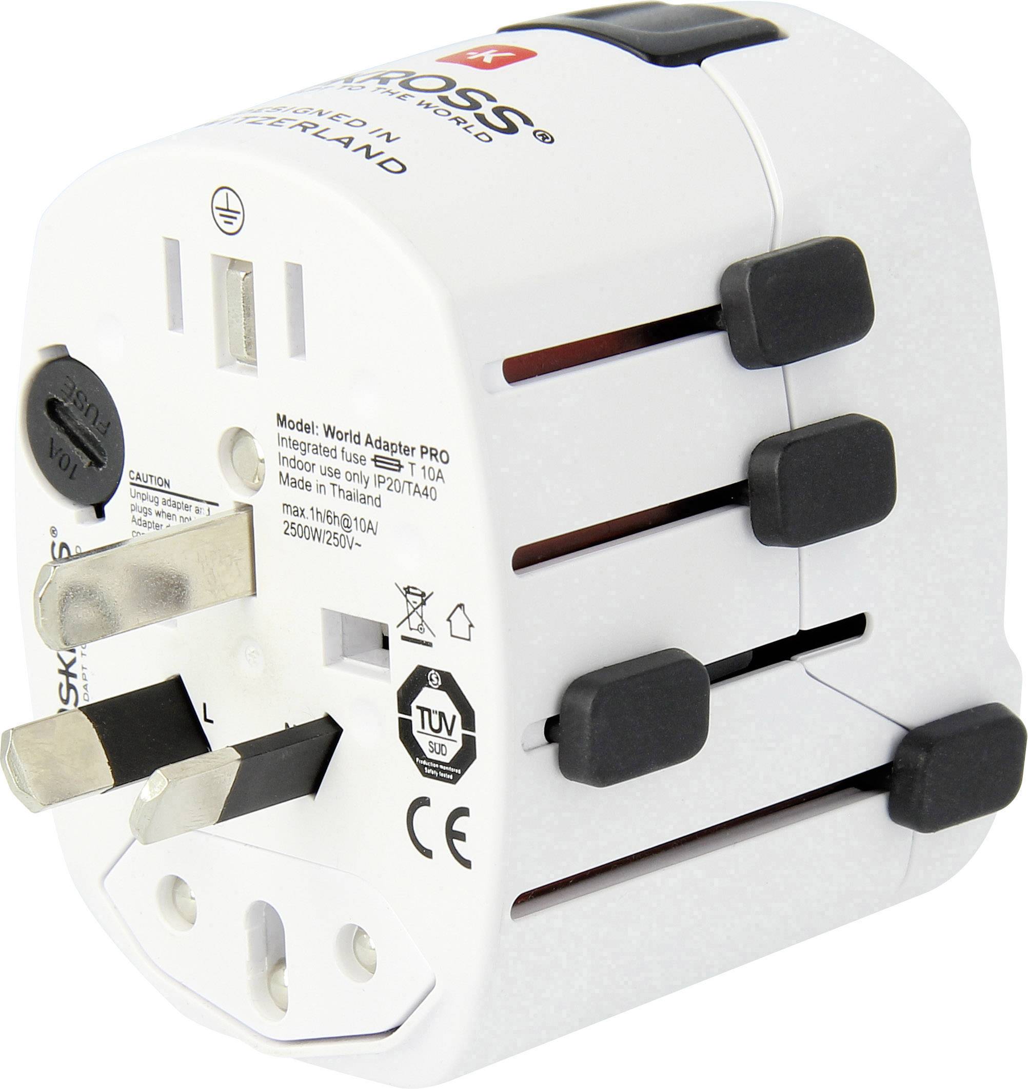 Weißer Universal-Reiseadapter mit mehreren internationalen Steckdosen- und Steckeroptionen, gekennzeichnet für 250V/2500W.