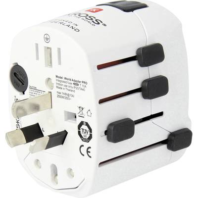 Weißer Universal-Reiseadapter mit mehreren internationalen Steckdosen- und Steckeroptionen, gekennzeichnet für 250V/2500W.