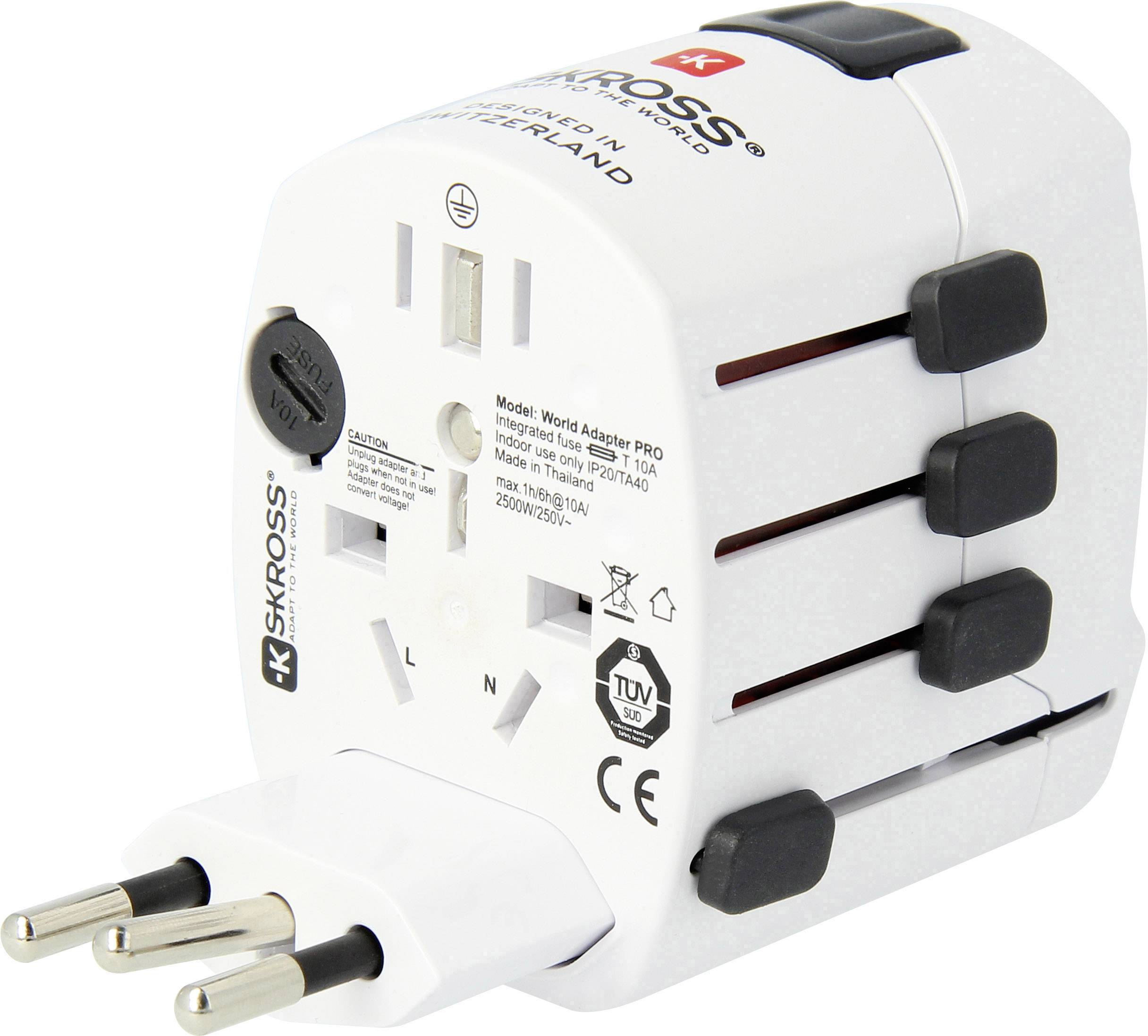'Reiseadapter mit mehreren Steckdosen für internationale Nutzung, geeignet für EU-Stecker. Weiße Oberfläche mit schwarzem Knopfdesign.'