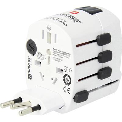 'Reiseadapter mit mehreren Steckdosen für internationale Nutzung, geeignet für EU-Stecker. Weiße Oberfläche mit schwarzem Knopfdesign.'