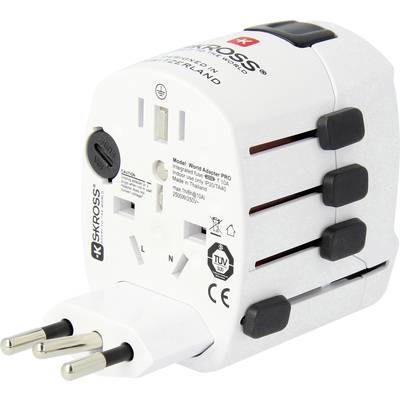 Ein weißer Reisesteckeradapter mit mehreren Steckertypen und Sicherheitszertifikaten. Geeignet für weltweites Reisen.
