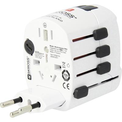 Ein weißer Reiseadapter mit mehreren Steckdoseneingängen und ausziehbaren Steckeraufsätzen, geeignet für verschiedene Länder.