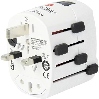 Ein Weltsteckeradapter mit Schiebereglern für verschiedene Steckdosenarten, geeignet für den Einsatz in mehreren Ländern.