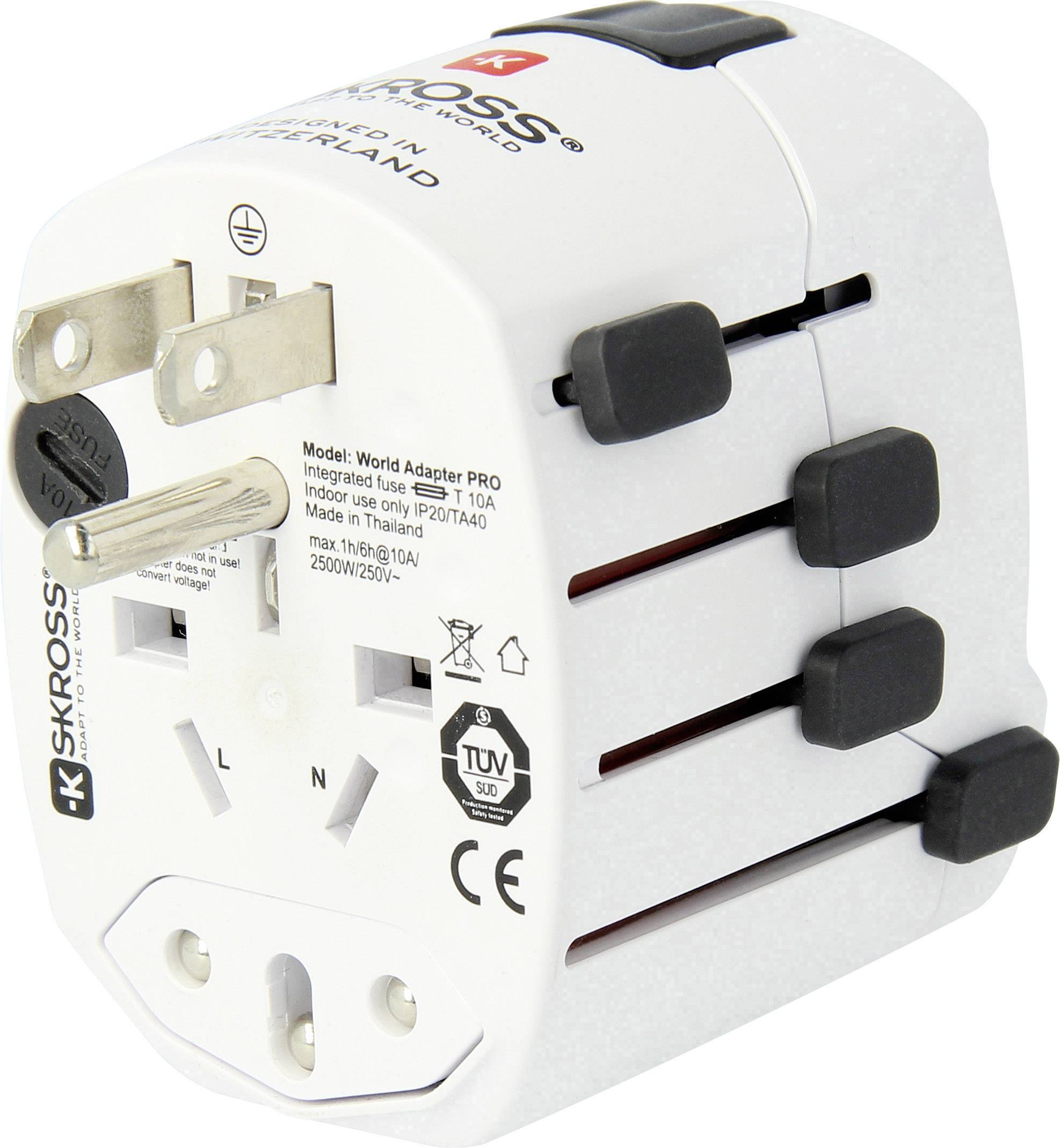 Universal-Reiseadapter mit mehreren Steckdosen und Spannungskonvertierung. Markenname und technische Spezifikationen aufgedruckt.