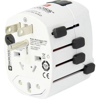 Universal-Reiseadapter mit mehreren Steckdosen und Spannungskonvertierung. Markenname und technische Spezifikationen aufgedruckt.