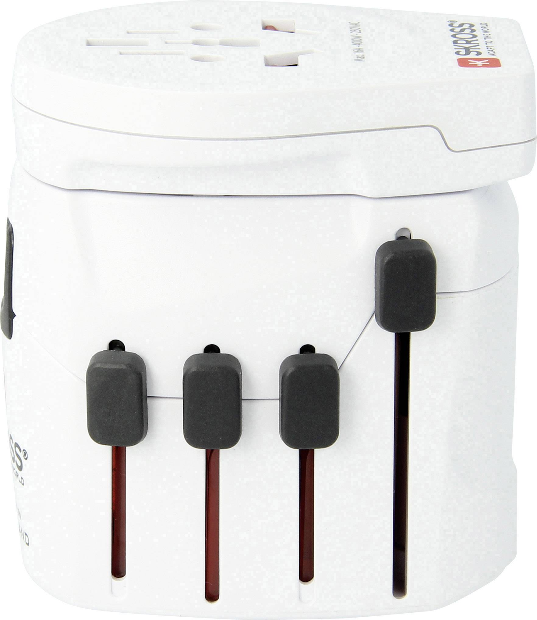 Ein weißer Universal-Reiseadapter mit mehreren Steckertypen, geeignet für unterschiedliche Ländersteckdosen, schwarzer Schalter an der Seite.