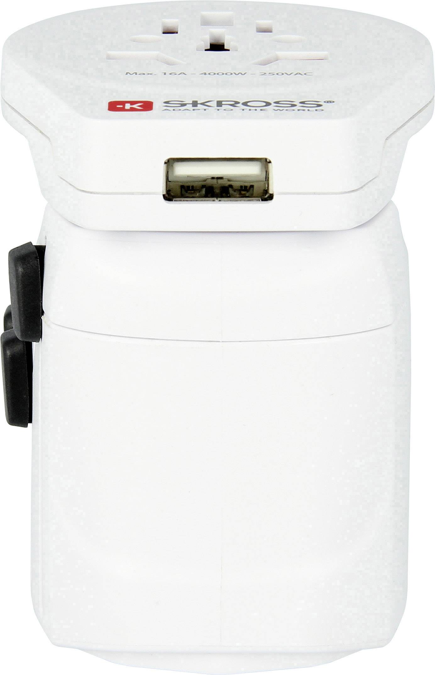 'Reiseadapter von SKROSS mit USB-Anschluss, geeignet für internationale Steckdosen. Weißes Design mit rotem Logo auf der Oberseite.'