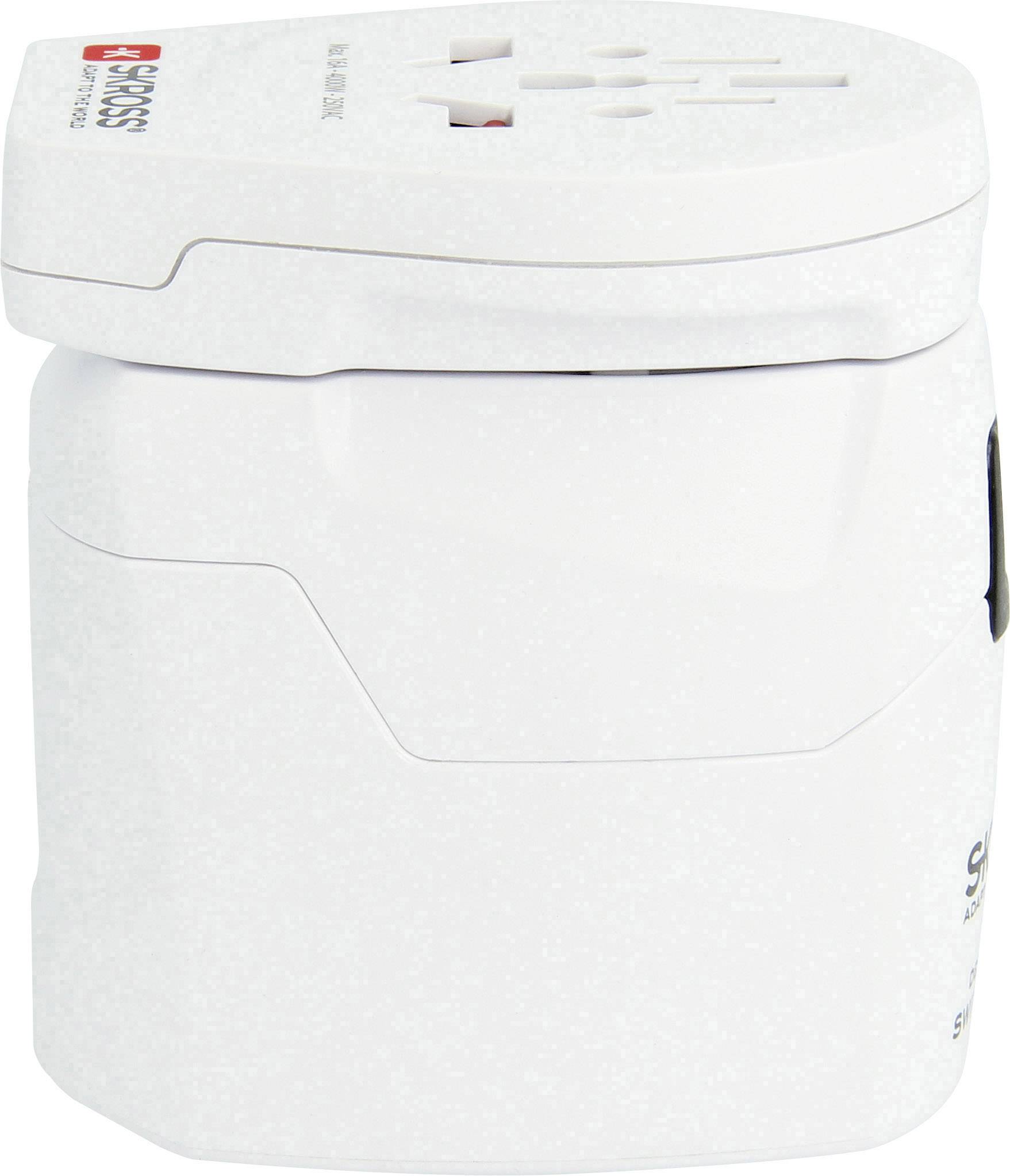 Reisestecker-Adapter in Weiß mit unterschiedlichen Steckerein- und -ausgängen, geeignet für internationale Nutzung in mehreren Ländern.