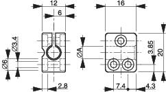 Technische Zeichnung eines Metallteils mit Maßen. Links: ovaler Schnitt, 12 mm breit. Rechts: Draufsicht mit vier Schraubenlöchern.