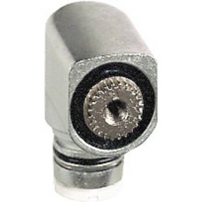 Ein silbernes, rechtwinkliges Koaxialkabel-Endstück mit einem zentralen schwarzen Gummidichtring und einer Metallverriegelungsschraube.