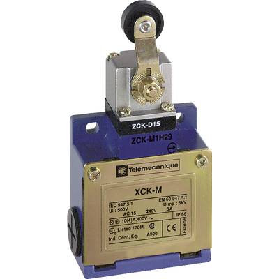 'Endschalter Telemecanique XCK-M' mit Metallgehäuse und Hebelbetätiger, Beschriftung zu elektrischen Spezifikationen.