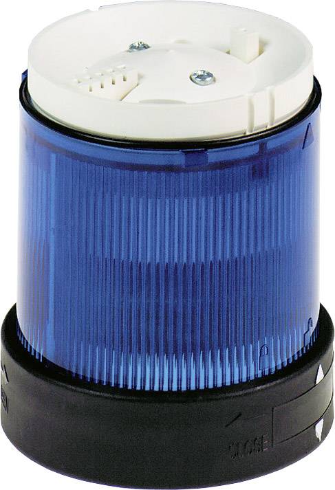 Blaues Warnlicht mit gerilltem Gehäuse, montiert auf schwarzem Sockel, oben weißer Gehäusedeckel mit Schrauben befestigt.