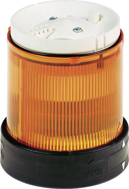 Ein orangefarbener Warnleuchtturm aus Kunststoff mit einer schwarzen Basis, verwendet für Signalisierung oder Alarme in industriellen Umgebungen.