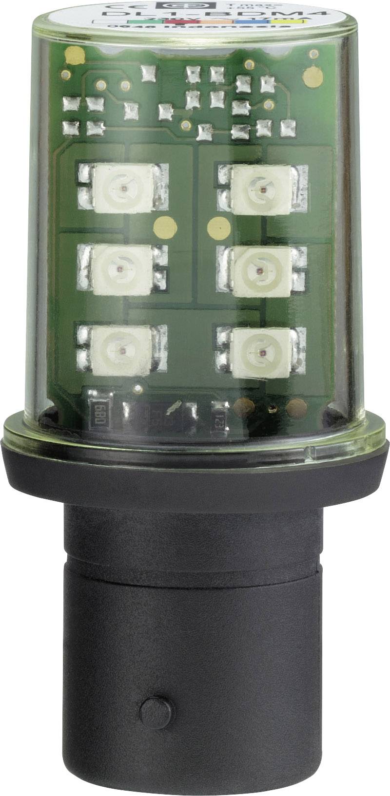 Ein zylindrisches elektronisches Bauteil mit mehreren LED-Lichtern auf einer grünen Platine, geeignet für Leuchten oder Signale.