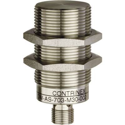 Ein zylindrischer, metallischer Sensor mit Schraubgewinde und Beschriftung 'CONTRINEX DW-AS-703-M30-002'.