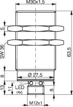 Technische Zeichnung eines zylindrischen Bauteils mit Maßen und Gewindespezifikationen, darunter M30x1,5 und M12x1, wichtig für Montageanweisungen.