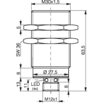 Technische Zeichnung eines zylindrischen Bauteils mit Maßen und Gewindespezifikationen, darunter M30x1,5 und M12x1, wichtig für Montageanweisungen.
