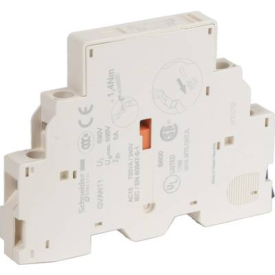 Ein weißer elektrischer Schalter von Schneider Electric mit rotem Hebel. Markierungen zeigen technische Spezifikationen und Logos.