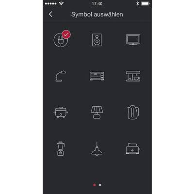 'Symbol auswählen' Bildschirm mit zwölf Symbolen für verschiedene Haushaltsgeräte, einschließlich Lampe, Lautsprecher, Fernseher, Kaffeemaschine und Toaster. Ein Symbol ist ausgewählt.