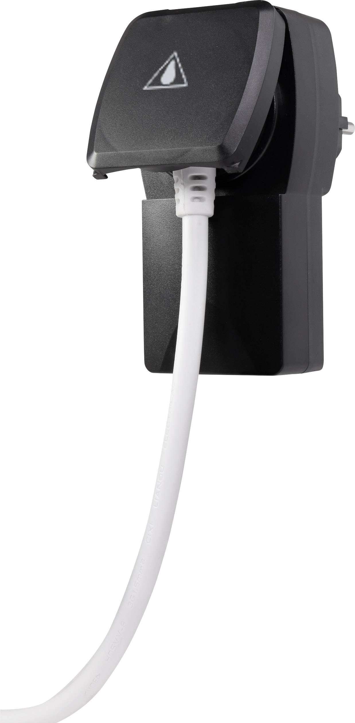 Ein schwarzes elektrisches Gerät mit einem Stromkabel, möglicherweise ein Ladegerät oder Adapter, an einer Steckdose angebracht.