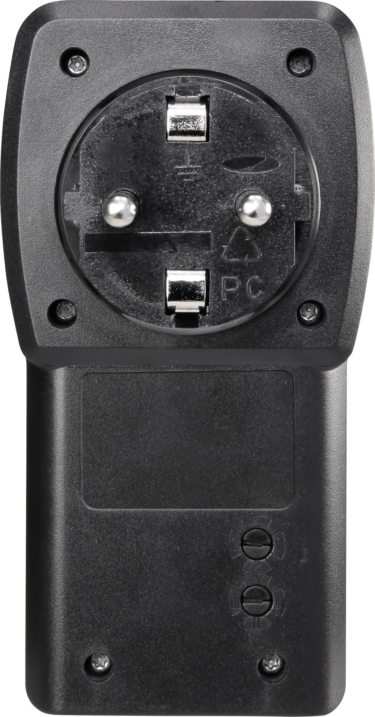 Schwarzer elektrischer Steckadapter mit zweipoligem Anschluss, geeignet für den europäischen Markt, vertikal ausgerichtet.