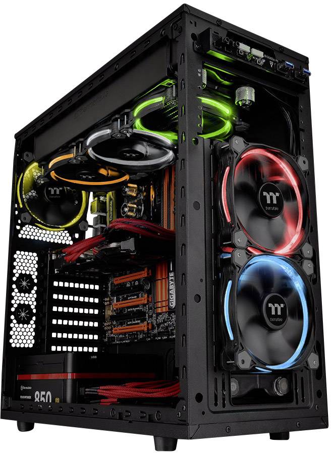 Gaming-PC mit offenem Gehäuse, zeigt mehrere Lüfter mit farbiger LED-Beleuchtung und High-End-Komponenten.