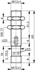 Technische Zeichnung eines zylindrischen Bauteils mit M12x1-Gewinde. Maße und LED-Positionen sind angegeben.