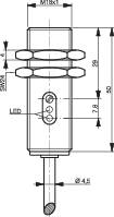 Technische Zeichnung eines zylindrischen Bauteils mit Maßen, Gewindeangabe M18x1 oben und unten, Hebel unten, zwei seitliche Buchsen.