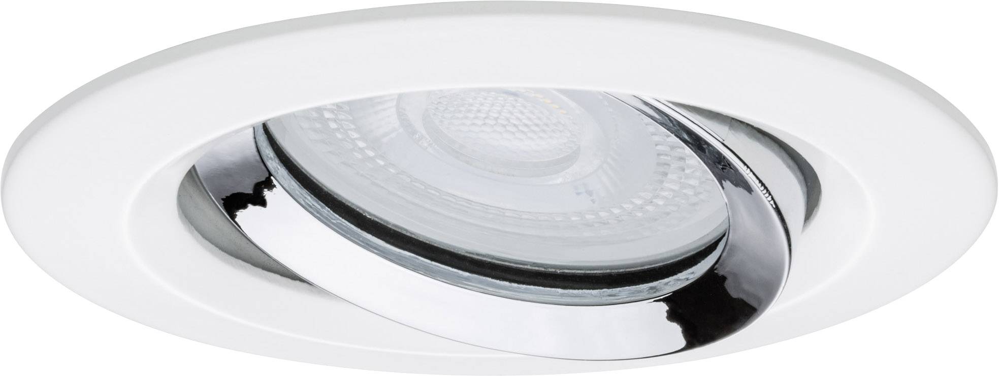Einbauleuchte mit weißem und verchromtem Rand, zeigt eine runde LED-Lampe. Modernes Design für Innenbeleuchtung.