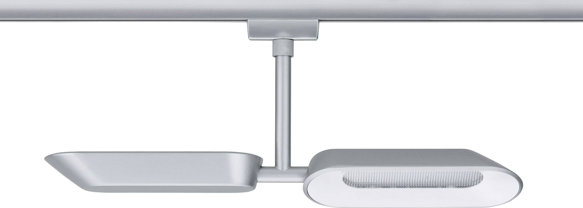 Ein silberfarbener Deckenstrahler mit modernem Design, montiert an einer Schiene. Ideal zur zielgerichteten Beleuchtung von Räumen.