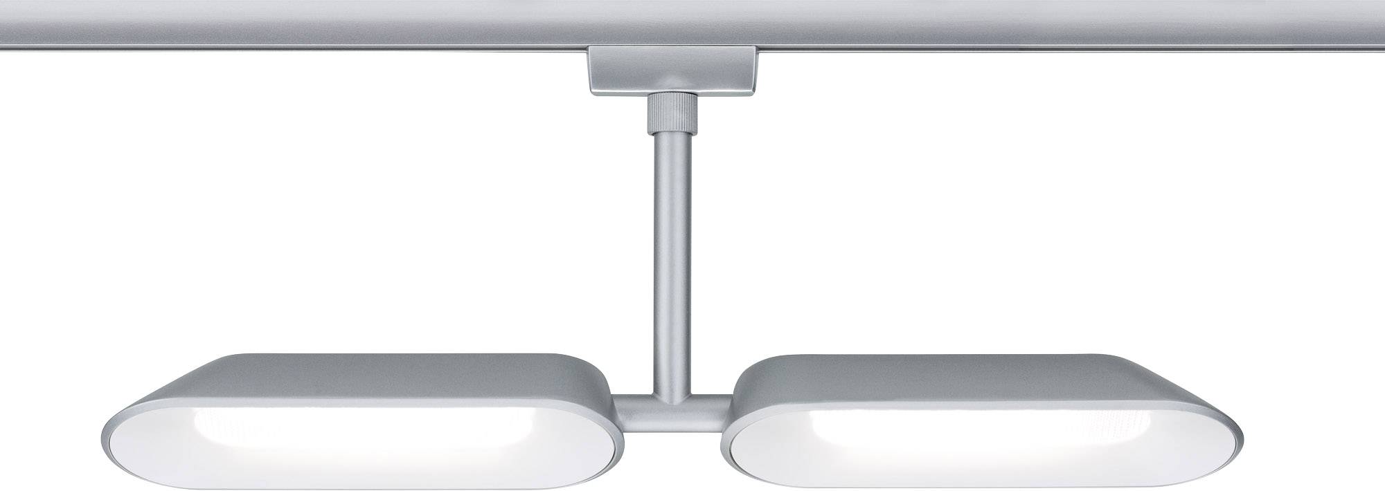 Moderne Deckenleuchte mit zwei rechteckigen, weißen Lampen an einem horizontalen Stab, montiert an einer Deckenhalterung.
