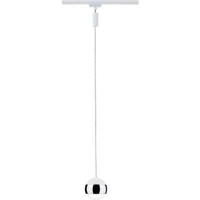 Hängeleuchte mit rundem, glänzendem Lampenschirm in Silber, hängt an langem Kabel. Modernes Design für Innenräume.