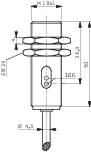 Technische Zeichnung eines zylindrischen Teils mit mehreren Maßangaben wie Durchmesser und Länge. Enthält Details zu Abmessungen und Bauteilen.
