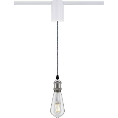Eine einzelne Glühbirne hängt an einem silbernen Kabel von einem weißen Halter, minimalistisches Design im industriellen Stil.